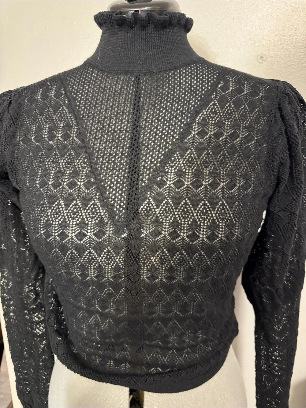 Zara Black Lace Knit Mock Ruffle Neck Long Sleeve Top